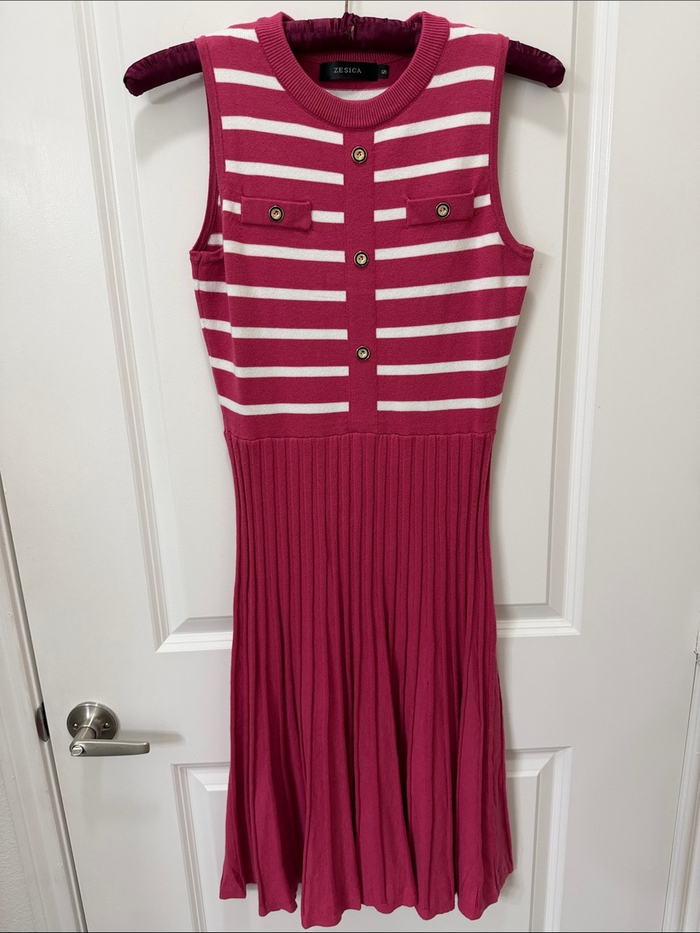 Zesica Sleeveless Striped Midi Dress in Berry Pink and White